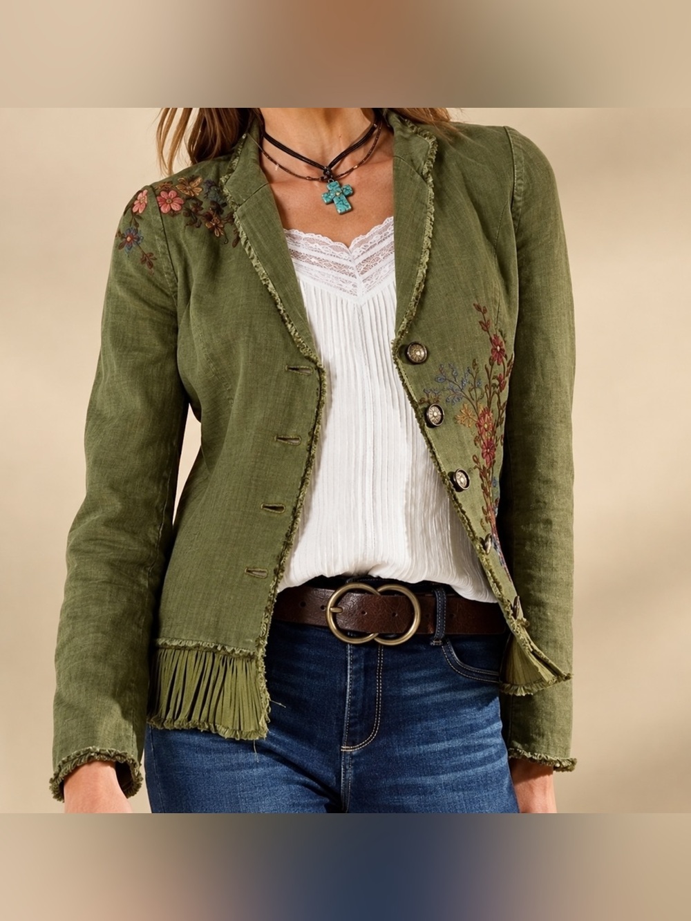 Sundance NWOT Floral Embroidered Linen Blend "Tonala" Blazer PS Olive Green BOHO